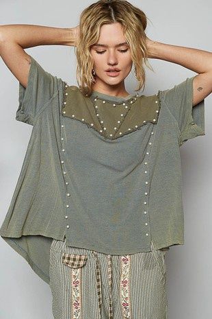 Oversize 1/2 Sleeve Pearl Detail Ribbed Top