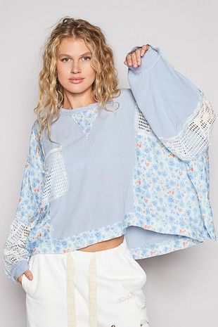 Round Neck Long Sleeve Floral Print Contrast Top