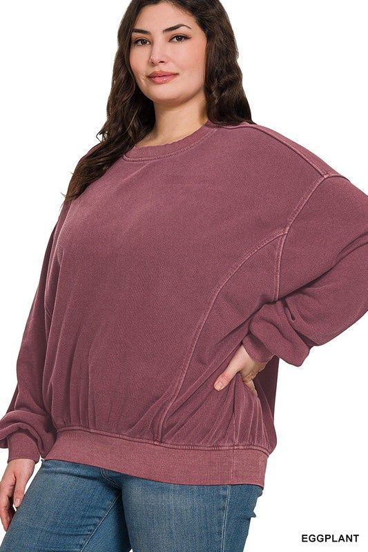 Soft Fleece Pigment Dye Pullover, Color: Eggplant, Size: 1X/2X