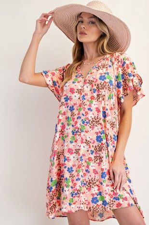 Floral Printed Challis Woven Dress, Size: Small
