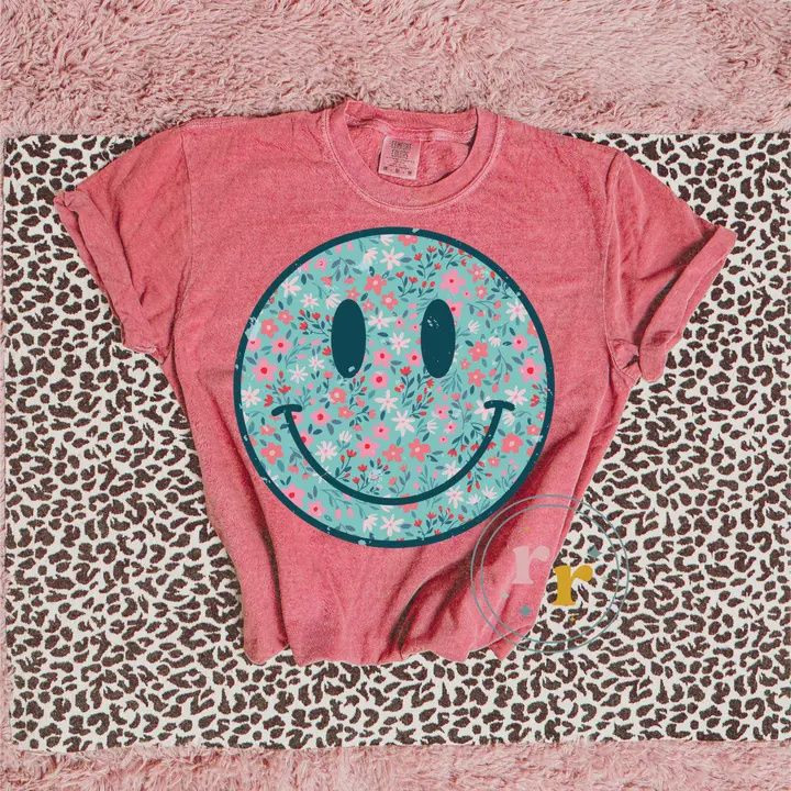Blue Floral Smile Graphic Tshirt