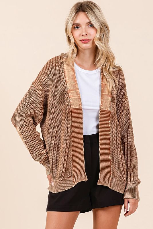 Mineral Wash Contrast Patch Open Cardigan