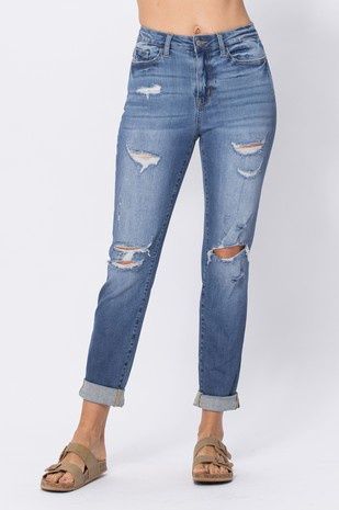 Hi-Waist Cuffed Bf W/ Destroy Jeans