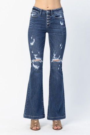 Midrise Button Fly Trouser Flare w Destroy Jeans