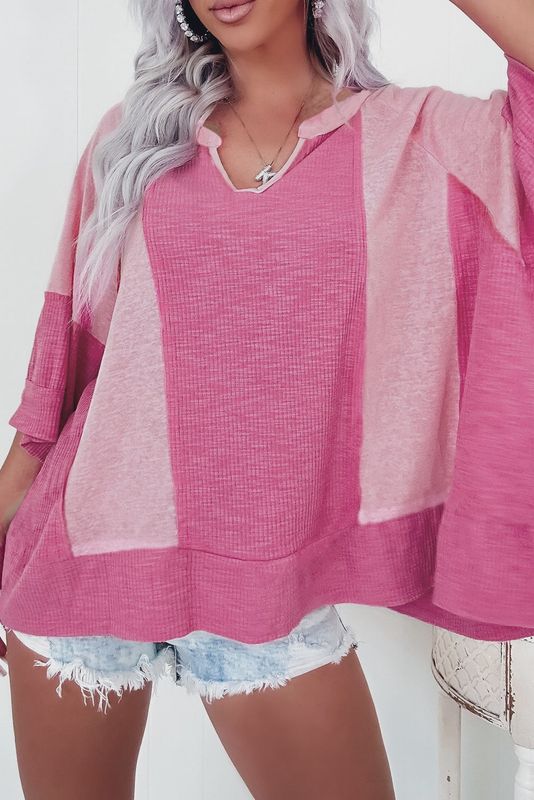 Colorblock Textured 3/4 Sleeve Pink Top