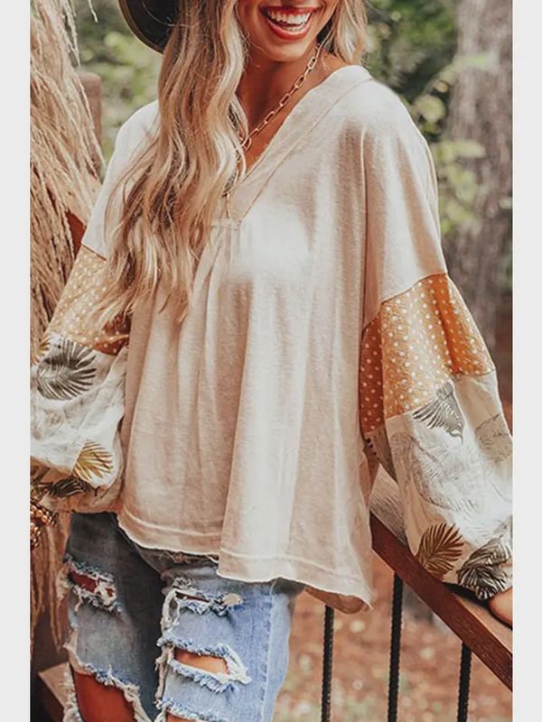 Patchwork Puff Sleeve V-Neck Blouse