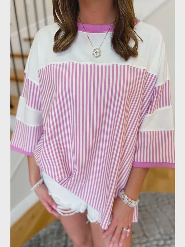 Stripe Patchwork 3/4 Sleeve T-Shirt Plus Size