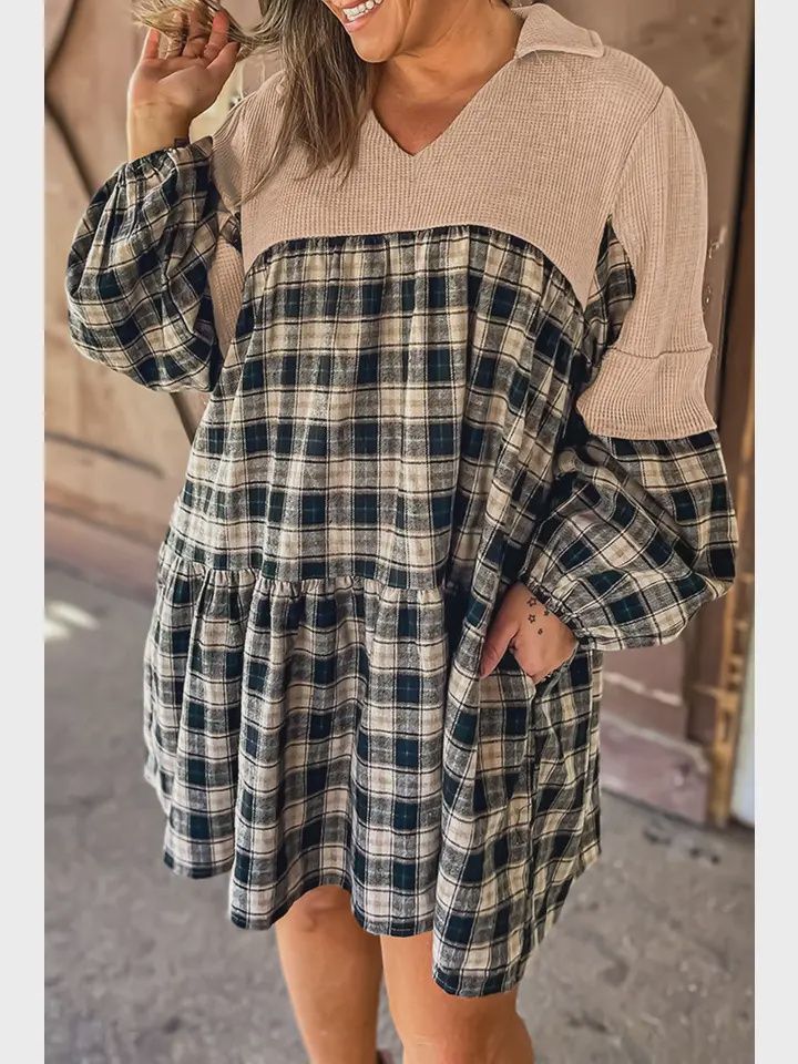 Plus Size Plaid Waffle Patchwork Mini Dress, Size: 1X