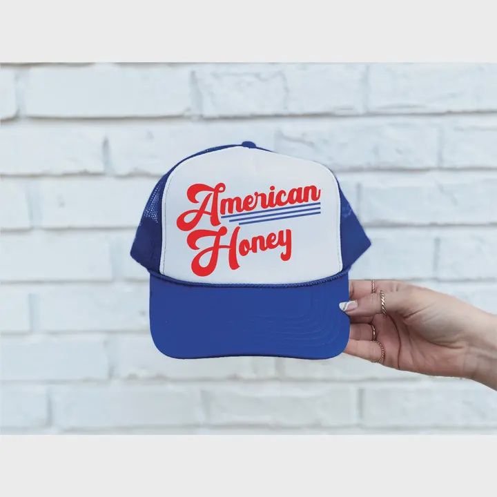 American Honey Dtf Printed Royal Blue &amp; White Trucker Hat
