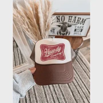 Howdy Cowboy Dtf Printed Brown &amp; Tan Trucker Hat