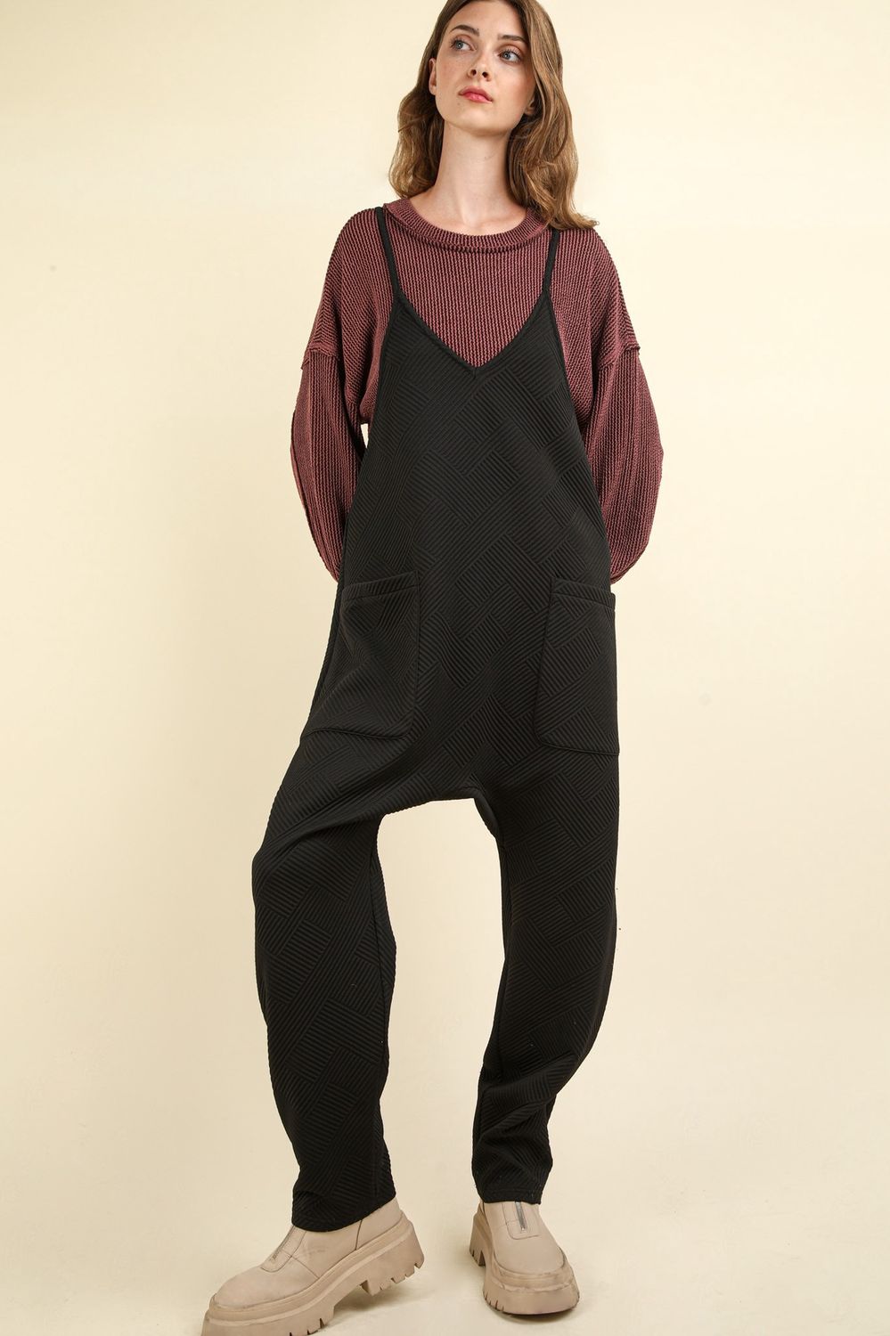Quilted Loose Fit Casual Baggy Knit Jumpsuit, Color: Black, Size: Small