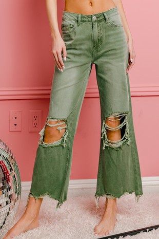 Distressed Vintage Washed Wide Leg Pants, Color: Ash Green, Size: Small
