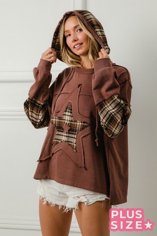Plaid and Knit Mixed Top Hoodie