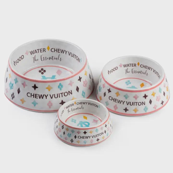 White Chewy Vuiton Dog Bowl / Medium