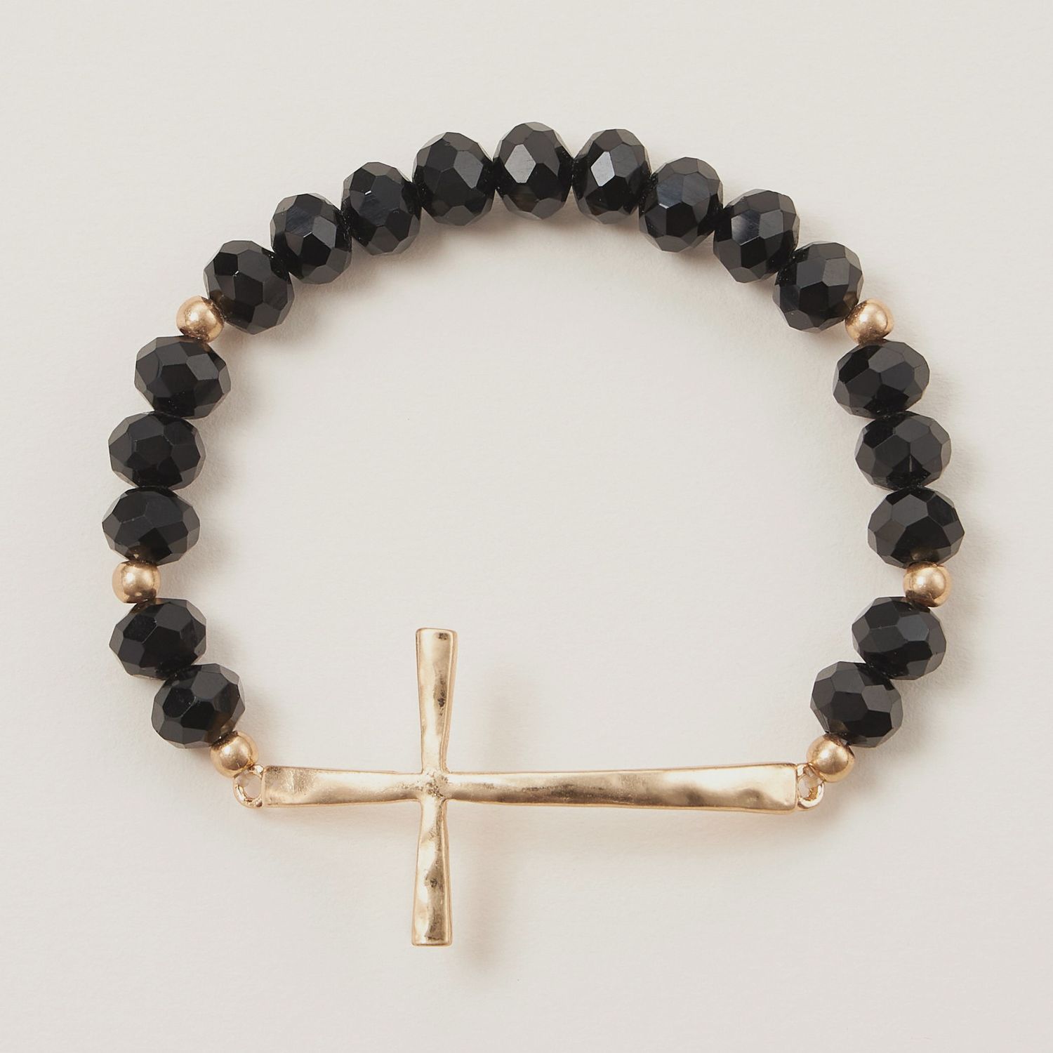 Cross Charm Glass Beaded Bracelet, Color: Black