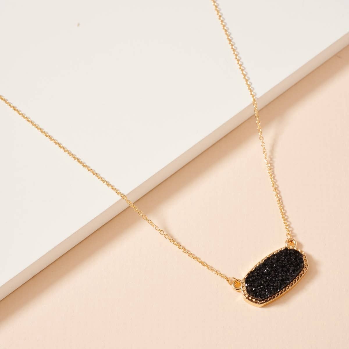 Druzy Stone Charm Short Necklace, Color: Black