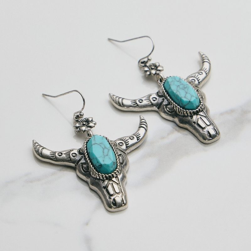 Turquoise Stone Bull Skull Hook Earrings