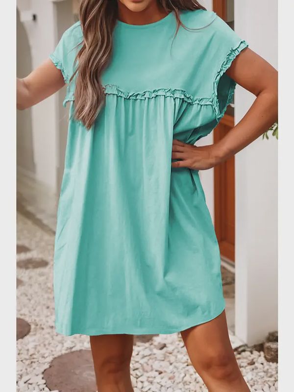 Frilled Trim Crew Neck Loose Fit Mini Dress