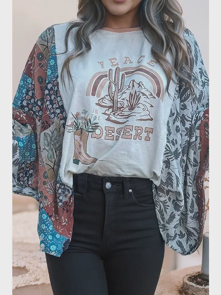 Ldc Asymmetric Patchwork Sleeve Peace Desert Graphic Tee, Size: Small