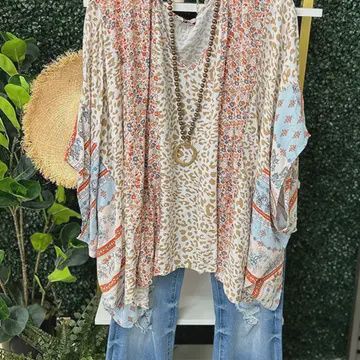 Color Block Leopard Floral Bat Wing Sleeves Blouse BBSP035, Size: 2X