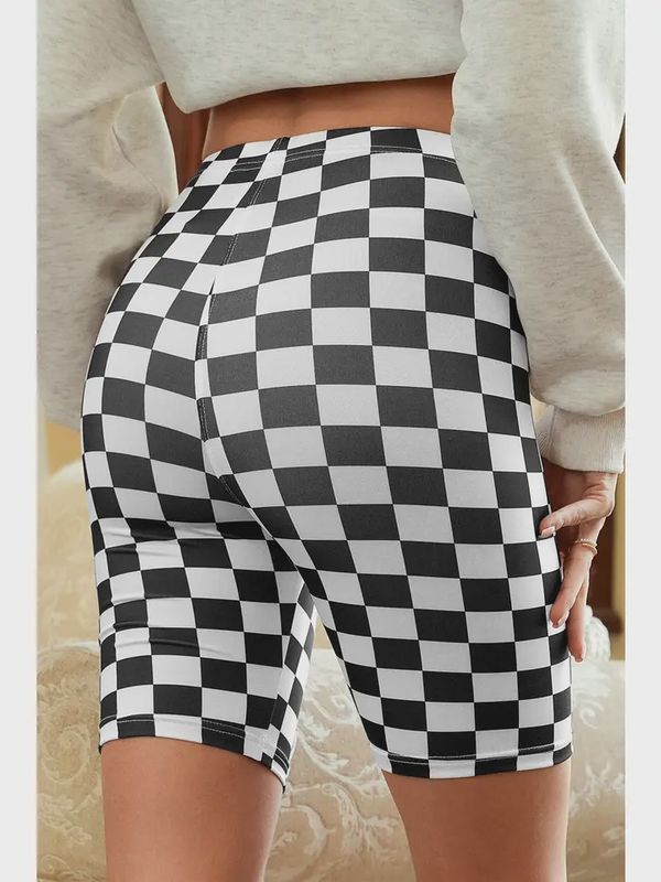 Checkerboard Printed High Waist Biker Shorts