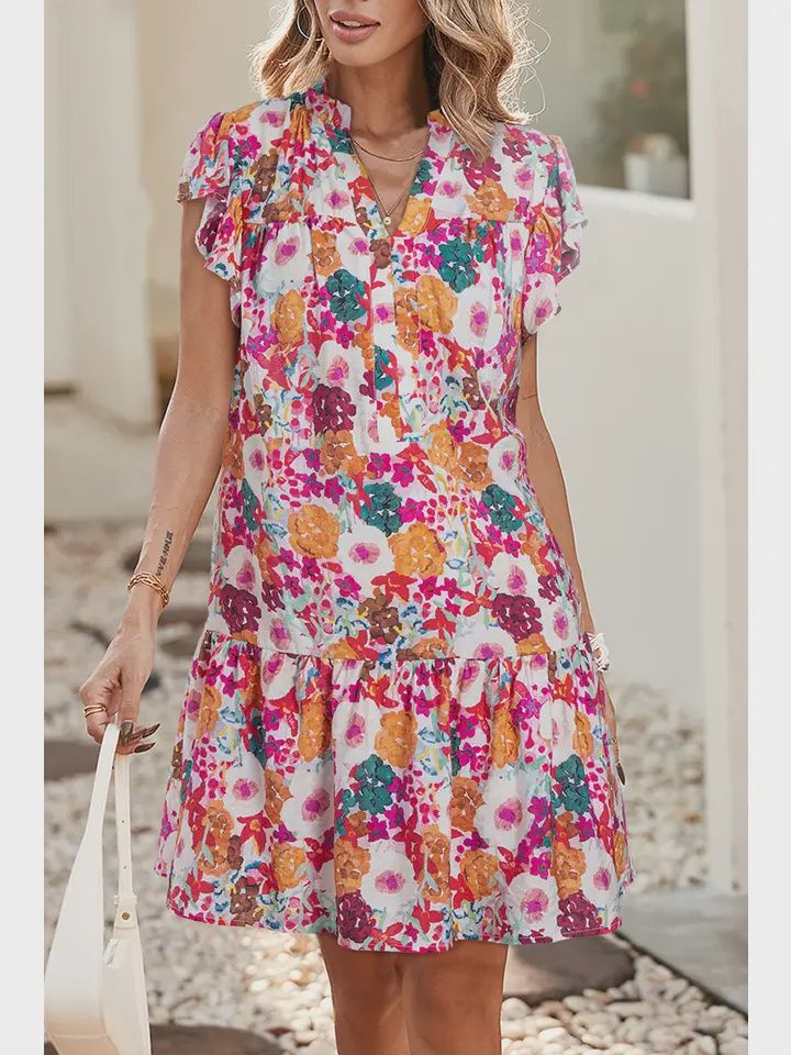 Ldc Floral Printed Split Neck Flutter Sleeve Dress, Size: Small
