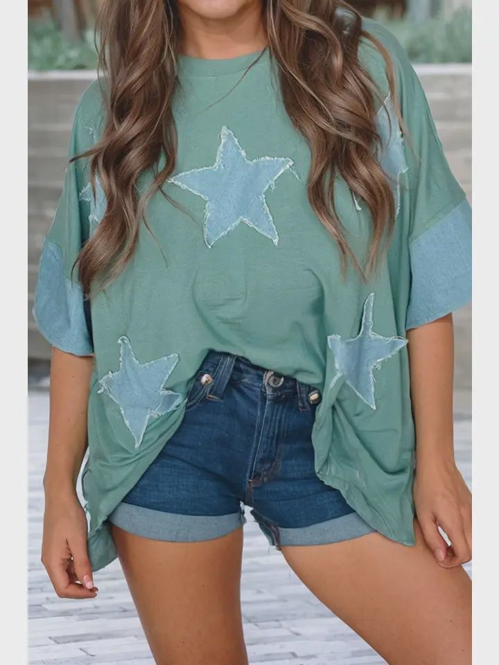 Ldc Frayed Star Denim Patchwork Oversize T Shirt, Size: Small, Color: Smoke Green