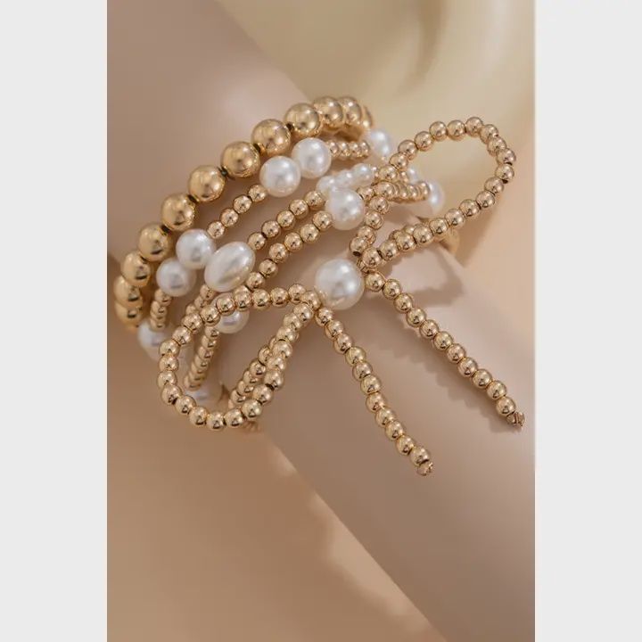 Ldc Bow Knot Heart Shape Faux Pearl Beaded Bracelet Set, Color: Gold