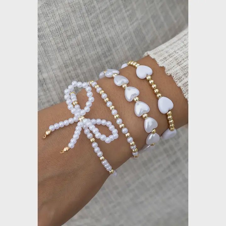 Ldc Bow Knot Heart Shape Faux Pearl Beaded Bracelet Set