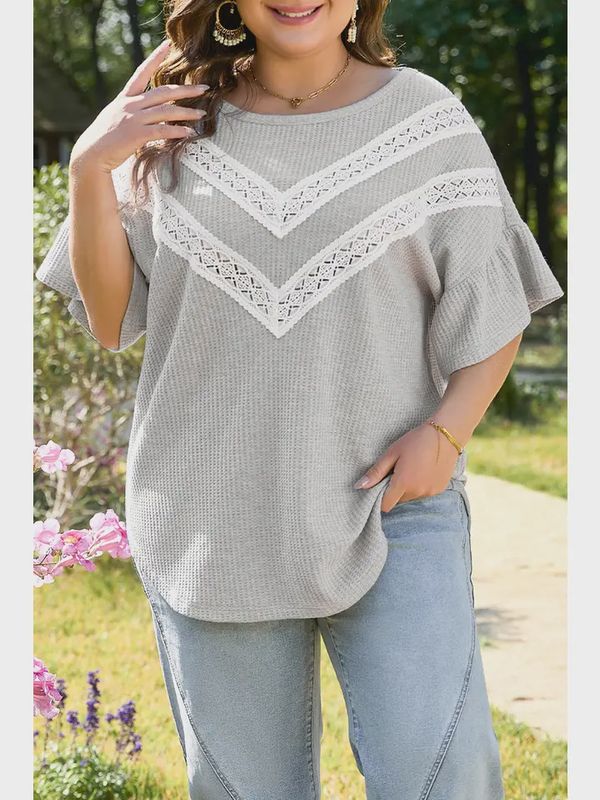 Plus Size Lace Waffle Ruffle Sleeve Top