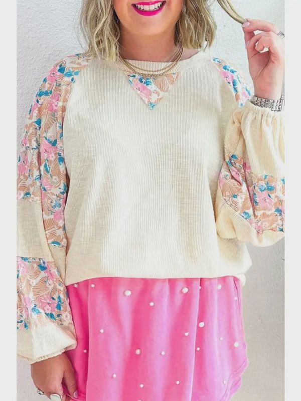 Floral Ribbed Puff Sleeve Top Plus Size