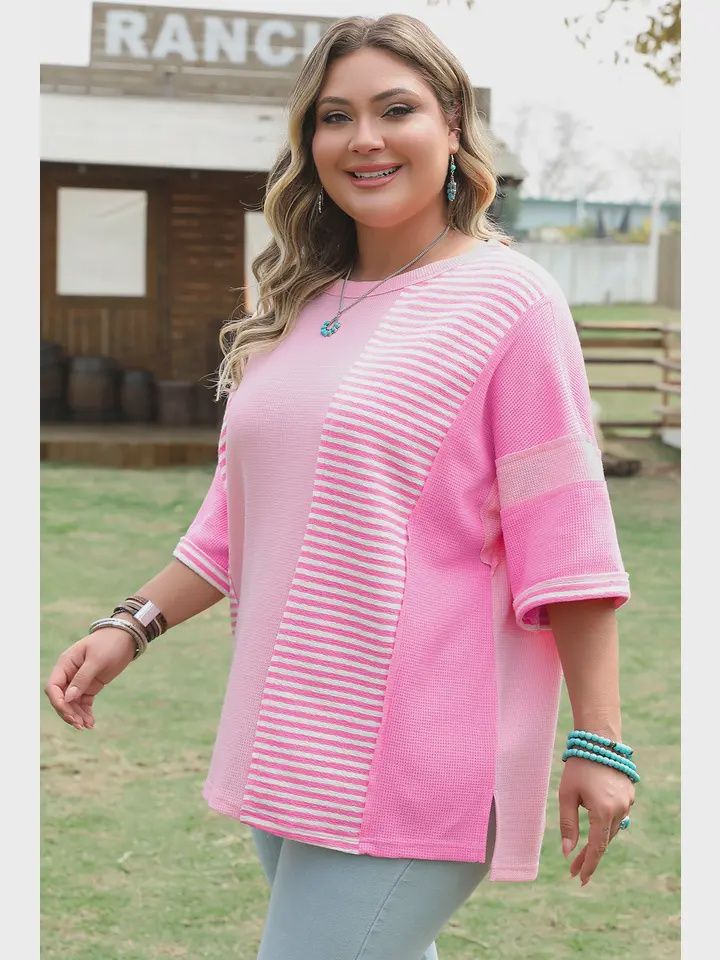 Plus Size Stripe Patchwork Colorblock T-Shirt, Size: 1X