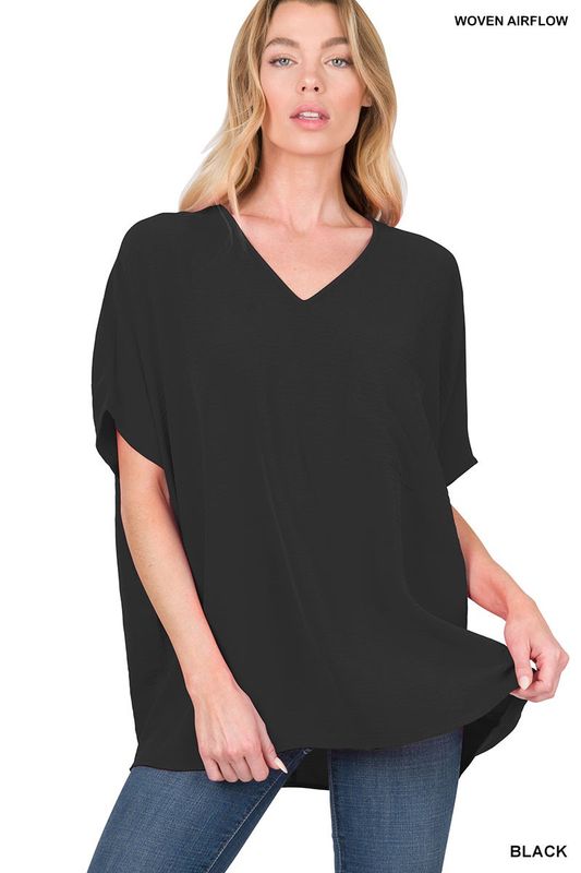 Plus Woven Airflow V Neck Hi-Low Hem Top