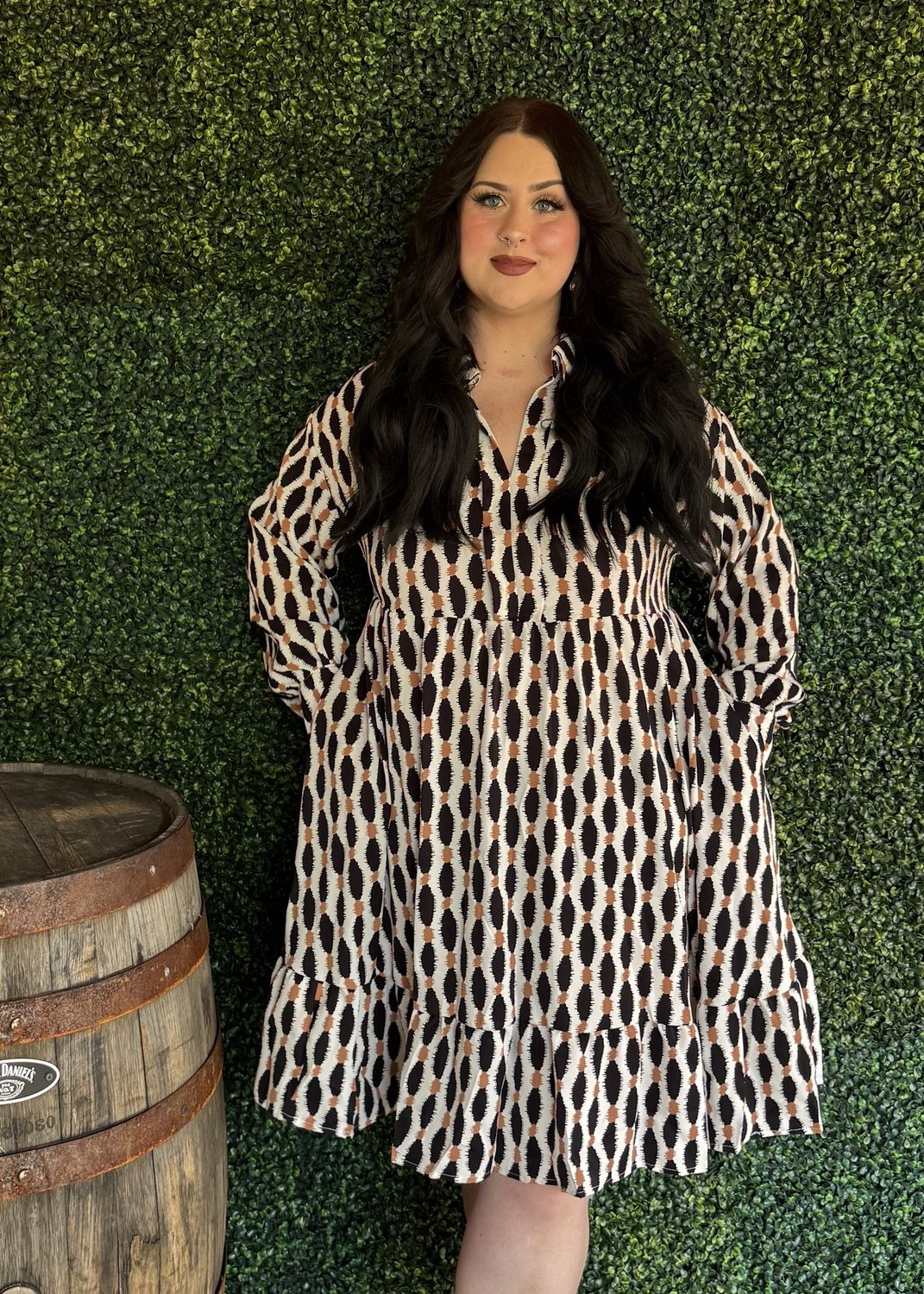 Geometric Collared V-Neck Mini Dress Plus Size, Size: 1X