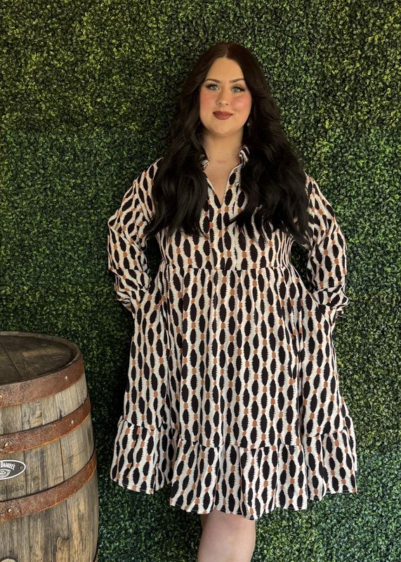 Geometric Collared V-Neck Mini Dress Plus Size