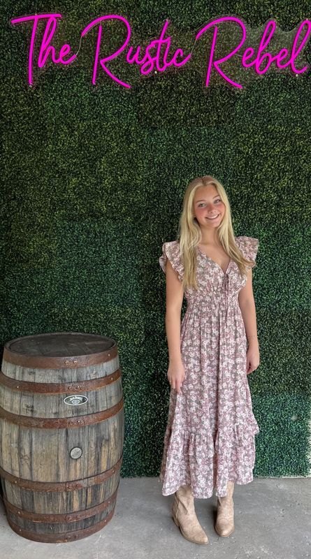 Flower Print Ruffle Cap Sleeve V Neck Midi Dress