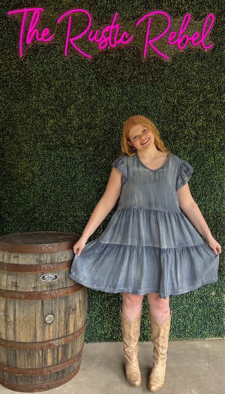 Washed Chambray Ruffle Sleeve Tier Mini Dress