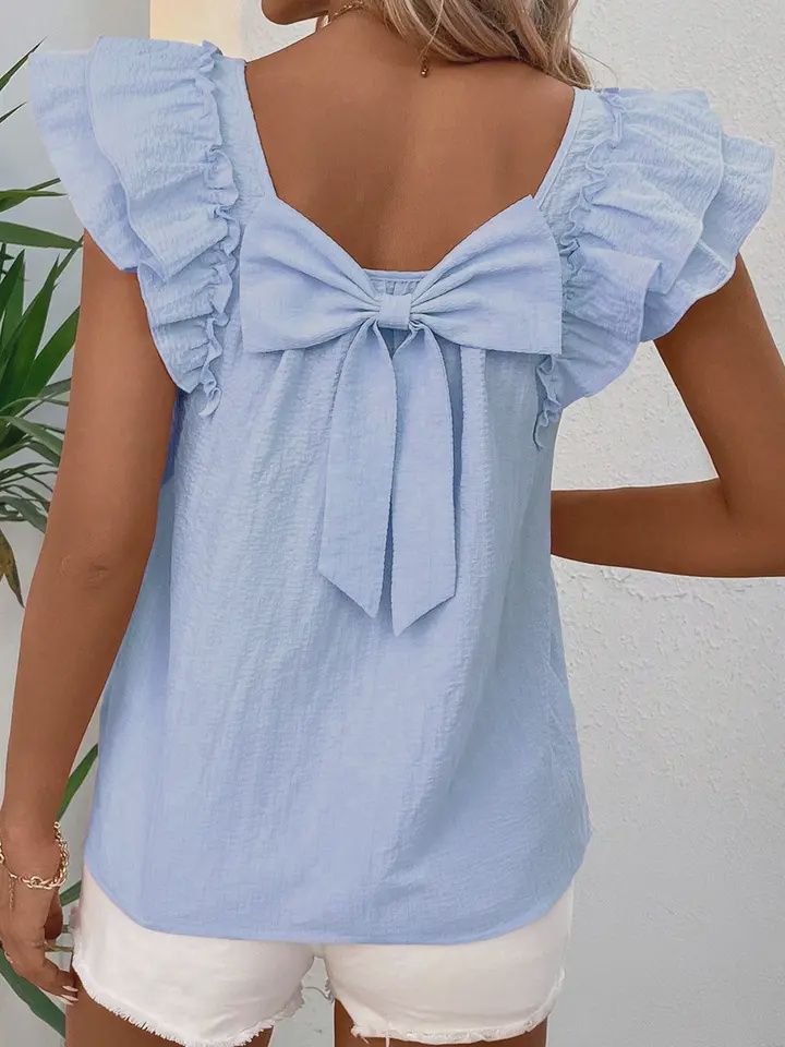 Bow Butterfly Sleeve Textured Summer Blouse, Size: Small