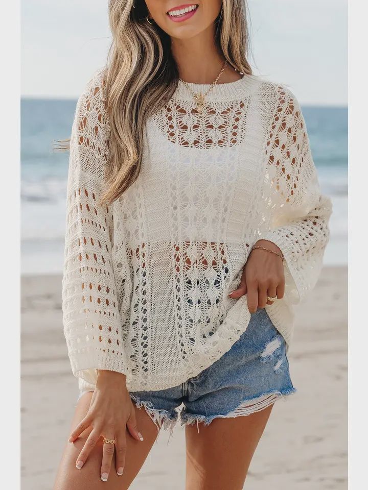 Hollowed Knit 3/4 Sleeve Sweater, Size: Small
