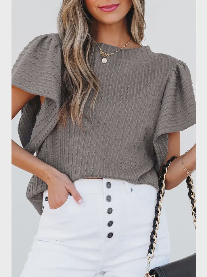 Solid Textured Flutter Sleeve Top, Size: Small