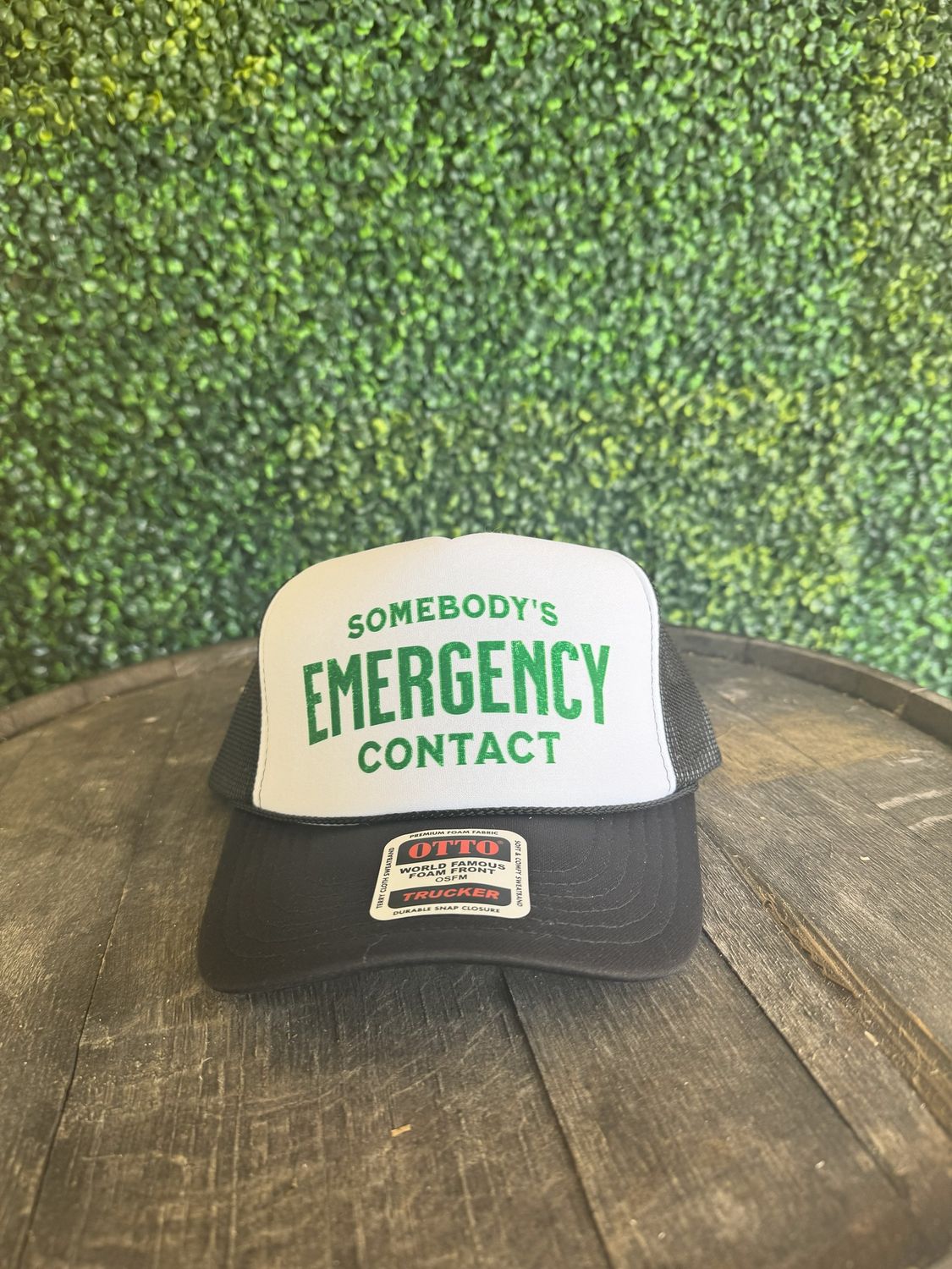 Somebody&#39;s Emergency Contact Dtf Printed Black &amp; White Trucker Hat
