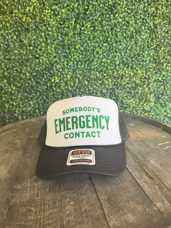 Somebody&#39;s Emergency Contact Dtf Printed Black &amp; White Trucker Hat