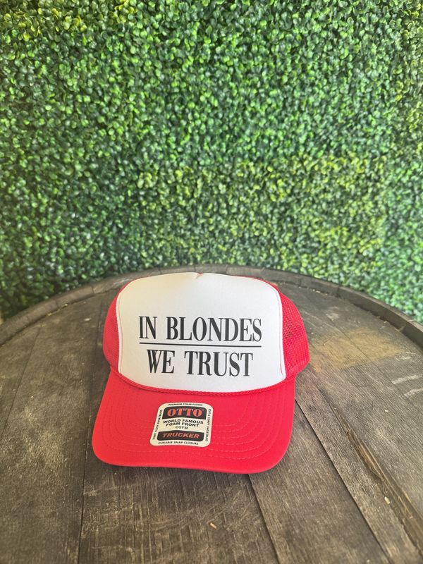 In Blondes We Trust Dtf Printed Red &amp; White Trucker Hat