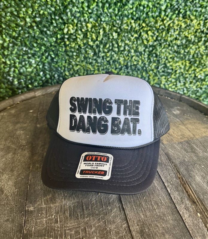 Swing the Dang Bat Dtf Printed Black &amp; White Foam Trucker Hat