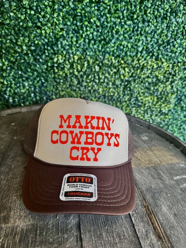 Makin&#39; Cowboys Cry Dtf Printed Brown &amp; Tan Trucker Hat