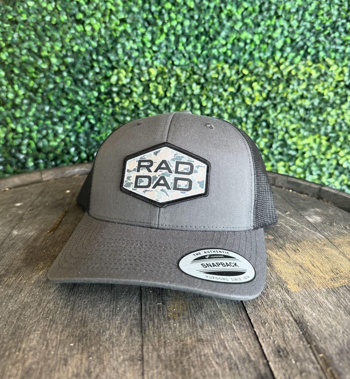 Rad Dad Duck Camo Woven Patch Hat, Color: Charcoal And Black, Curved Bill Snapback