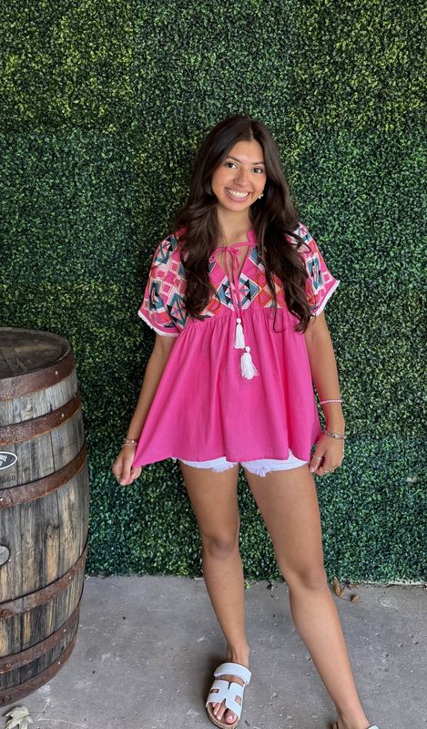Geometric Embroidered Tassel Tie Blouse