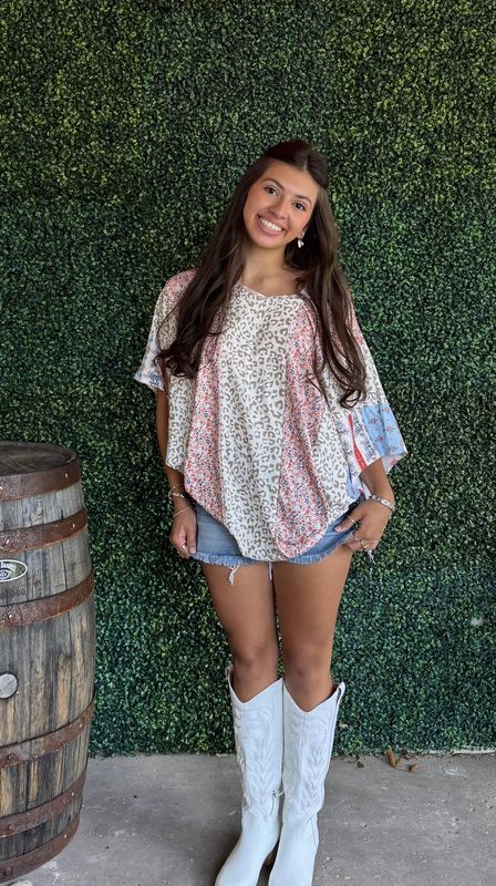 Color Block Leopard Floral Bat Wing Sleeves Blouse