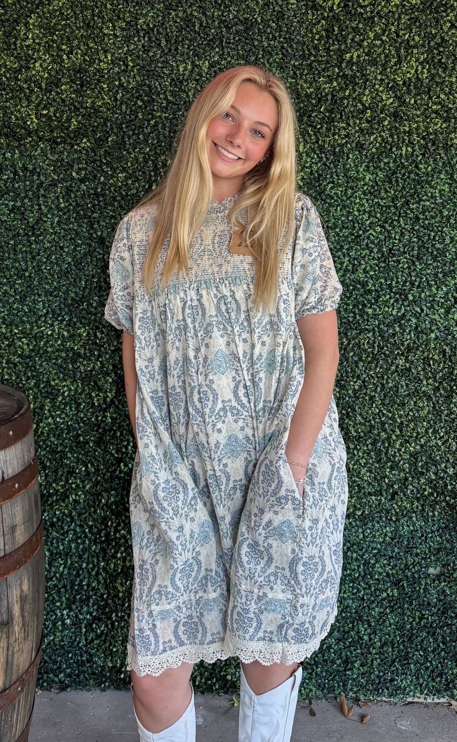 Printed Cotton Voile Crochet Lace Hem Woven Dress, Color: Antique Blue, Size: Small