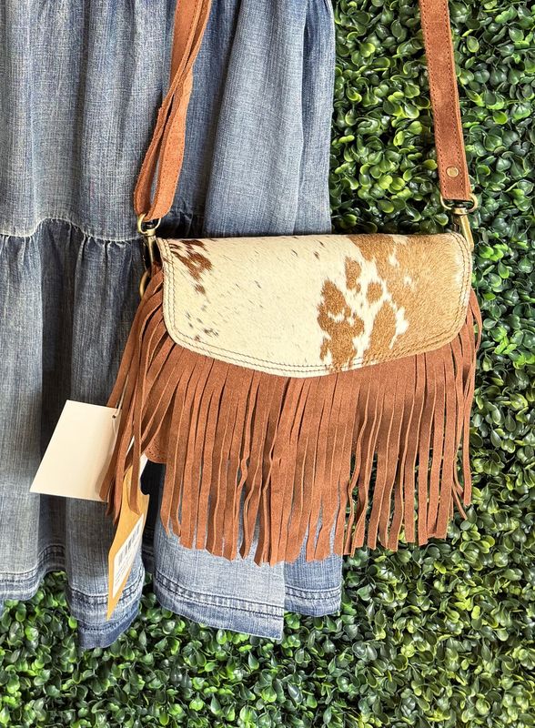 Cowhide and Tan Suede Fringe Western Purse - Crossbody